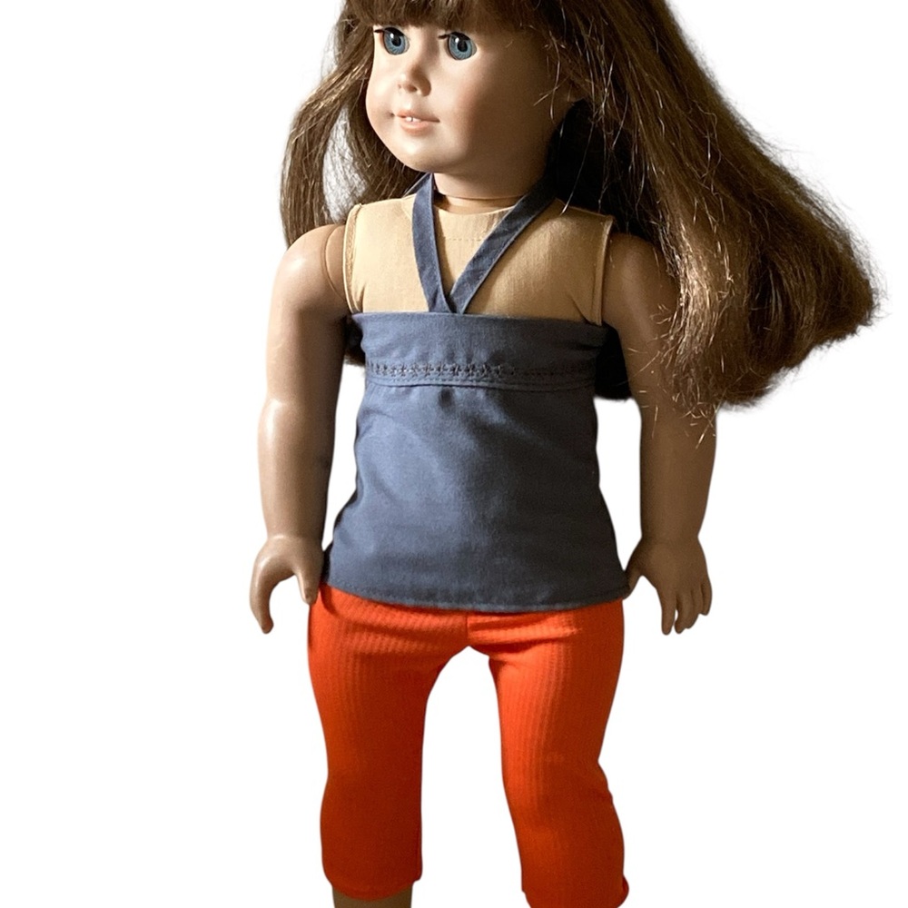 18” Doll Clothing 2 Piece Outfit Gray Embroidered Top and Orange Pants